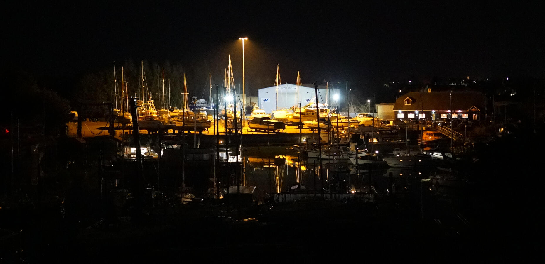 Oulton Broad shipyard at night